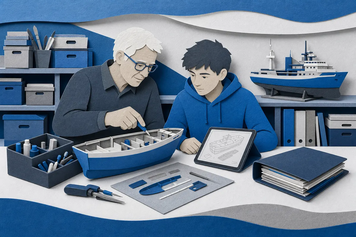Zwei Vereinsmitglieder dokumentieren gemeinsam eine Modellreparatur an der Werkbank.
